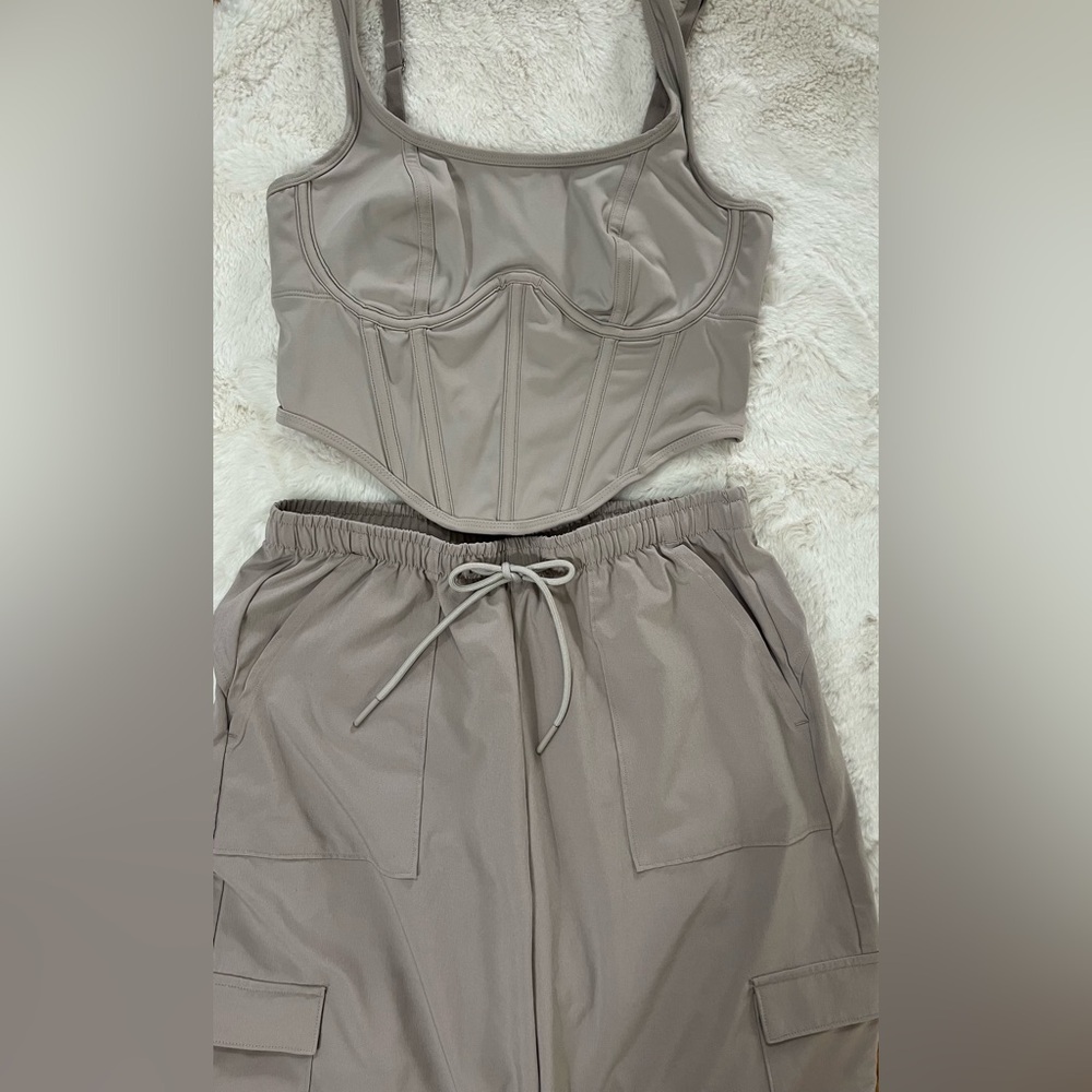 Gilly Hicks Taupe Straight Leg Pants and Corset Sports Top